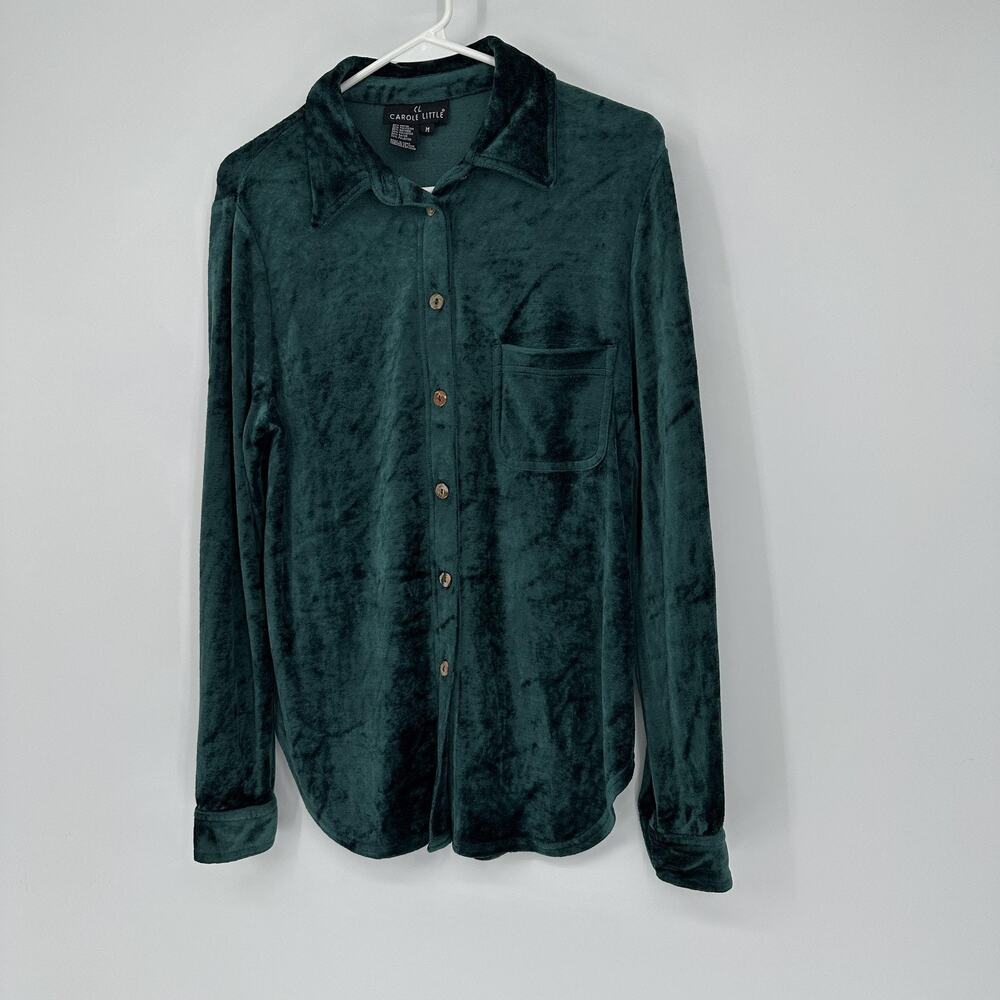 Carole Little Shirt Womens Medium Green Velvet Velour Button Front Long Sleeve - Picture 5 of 11